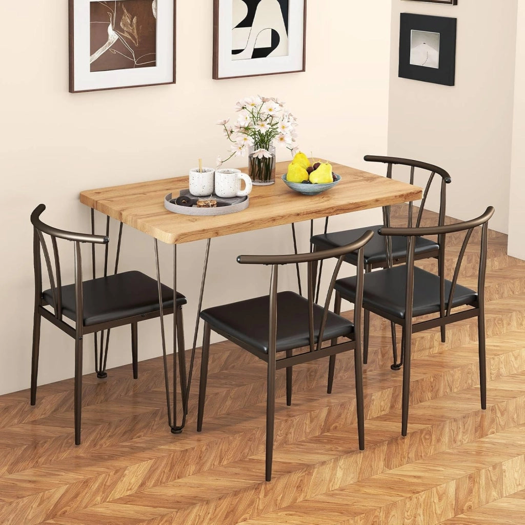 Set da Tavolo e Sedie da Pranzo, Tavolo da Cucina Industriale con 4 Sedie Senza Braccioli con Seduta Imbottita, Schienale a Raggiera, Set 5 Pezzi Mobili Salvaspazio per Sala da Pranzo