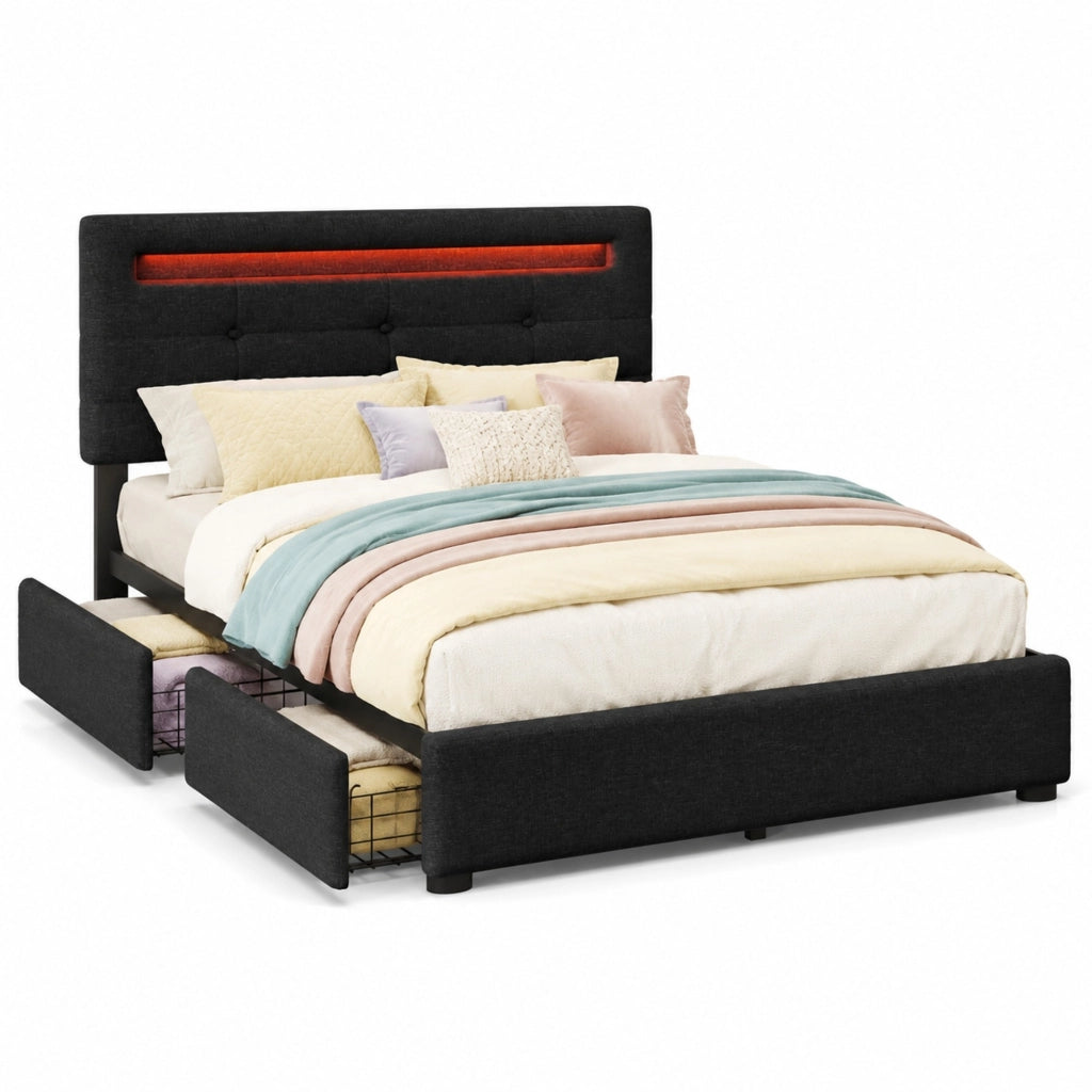 Letto singolo 90x200 cm in lino nero con LED; testiera regolabile e 2 cassetti
