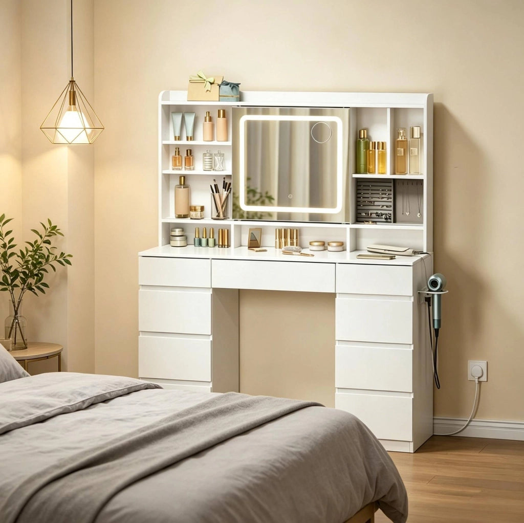 Tavolo da trucco moderno bianco con specchio scorrevole, 9 cassetti e prese integrate