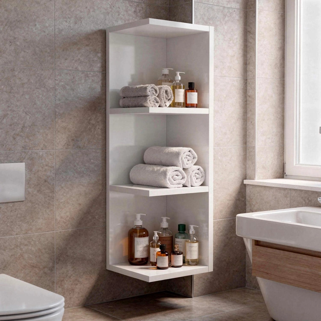Modulo Angolare Per Bagno Sospeso Con 3 Ripiani Per Organizzare Accessori Prodotti Asciugamani Design Moderno Compatto Regina 65 x 20 x 19.5 Cm Bianco Lucido