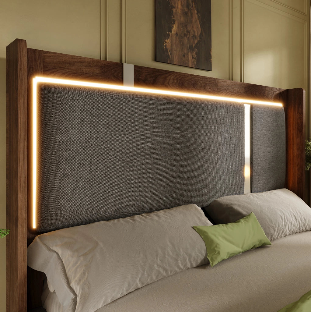 Letto matrimoniale 180x200 cm con contenitore; LED integrati; grigio e noce