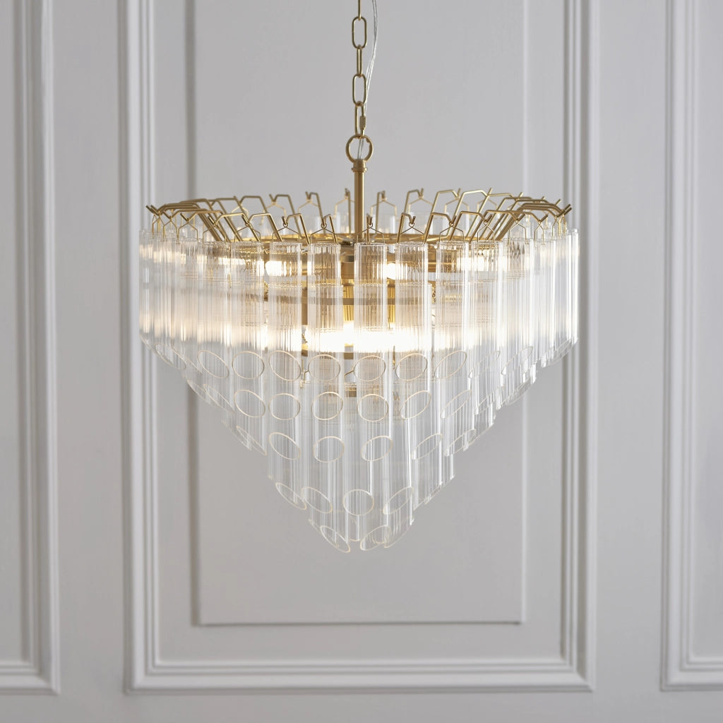 Lampadario Toulouse ottone satinato vetro 12xG9 Endon