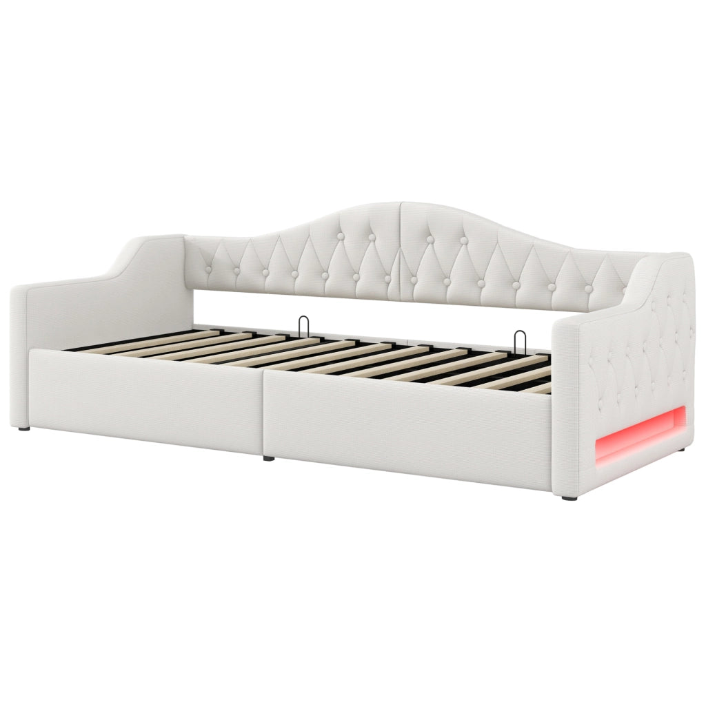 Divano letto 90x200 cm con contenitore e LED in lino beige