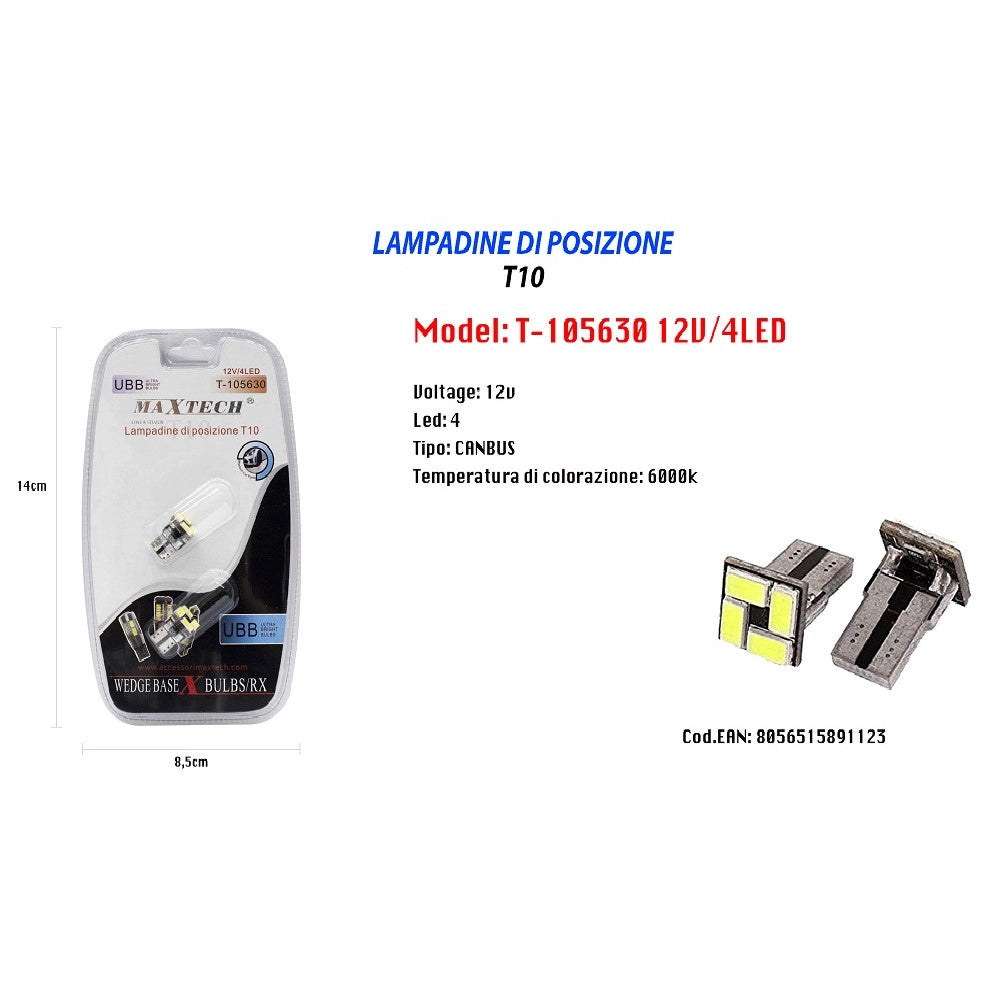 Trade Shop - Lampadine Di Posizione T10 Maxtech T-105630 12v 4led Canbus 6000k Ultra Luminose -