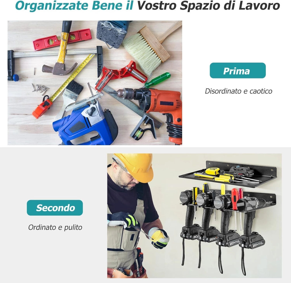 Scaffale per Trapano Elettrico, Supporto a Parete per Trapano e Mensola Sospesa, Pannello Forato Portautensili per Garage, Officina e Magazzino
