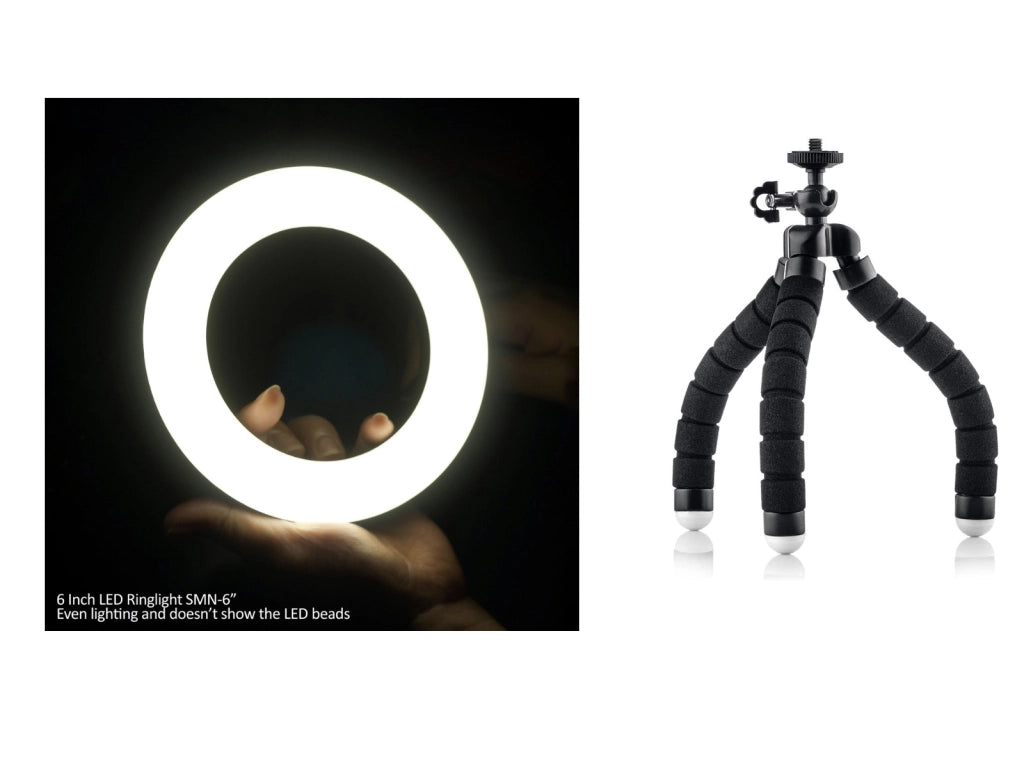 LED Ring light 15 cm diametro SMN-6 3 Colori Dimmerabile con Mini Tripod Flessibile da Scrivania compatto portatile