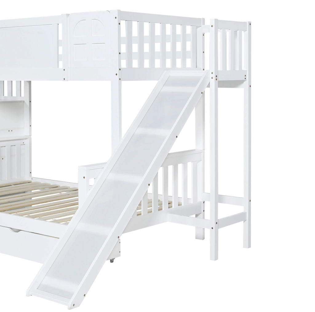 Letto a castello bianco 90x200/120x200 cm con scivolo, scala contenitore e cassetto