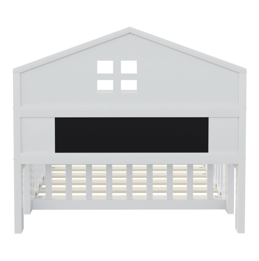 Letto per bambini 90 x 200 cm bianco a casetta con lavagna, ripiani, porta e rete a doghe