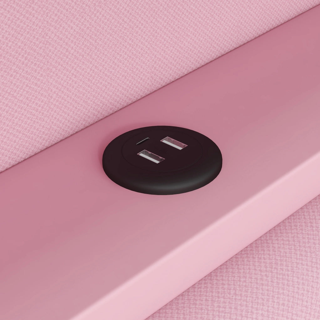 Daybed imbottito 90x200 cm rosa con LED; USB; scrivania integrata e 2 cassetti