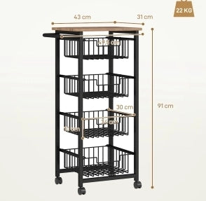 Carrello da cucina 49.5x31x91 cm con 4 cestelli estraibili e ruote; acciaio; naturale