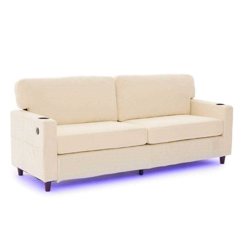 Divano 2 posti in ciniglia beige con USB-C; LED dimmerabile e portabevande