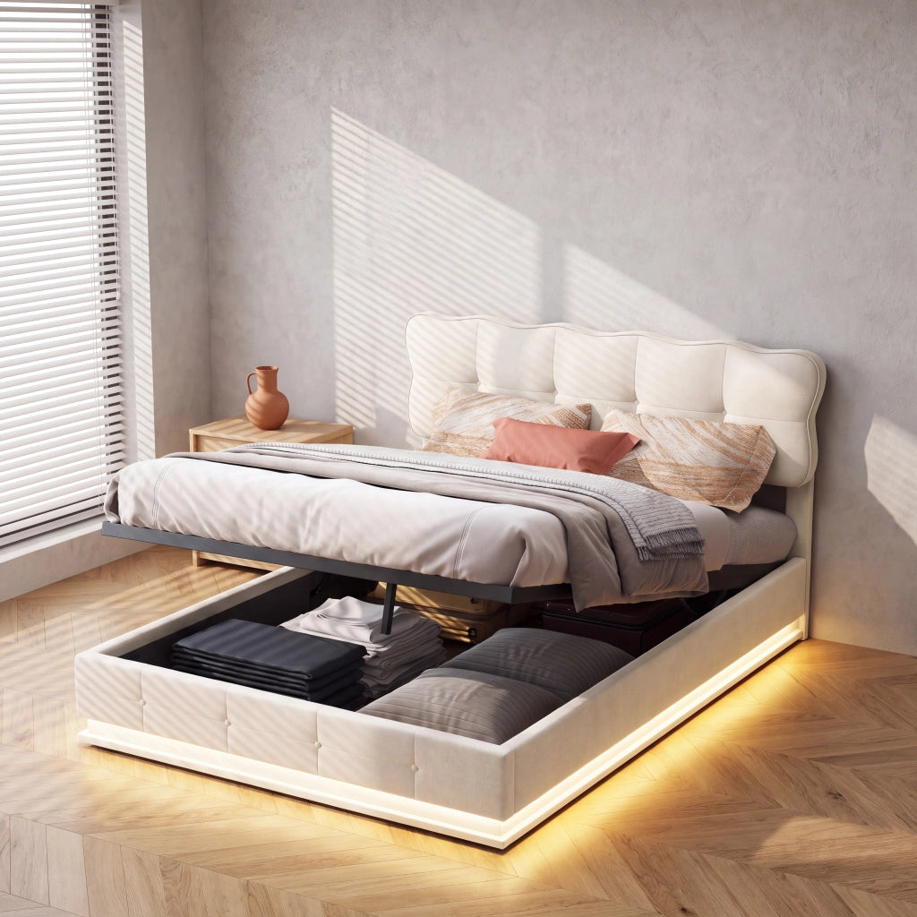 Letto matrimoniale 160x200 cm con contenitore testiera regolabile e illuminazione LED struttura letto matrimoniale in metallo legno e velluto - beige