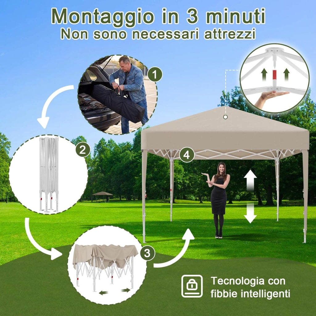 Gazebo Pieghevole con Finestra a Rete Aerata, Gazebo 3x3 Impermeabile Stabile Invernale, Gazebo Pop Up con Pareti Laterali, Protezione UV 50+, Tenda da Festa per Giardini, Campeggio (Beige)