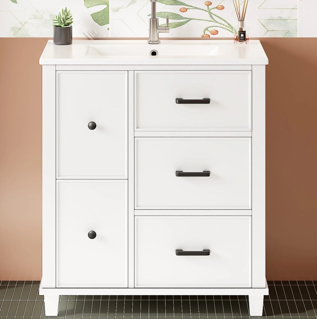 Mobile bagno bianco con lavabo in ceramica e 5 vani