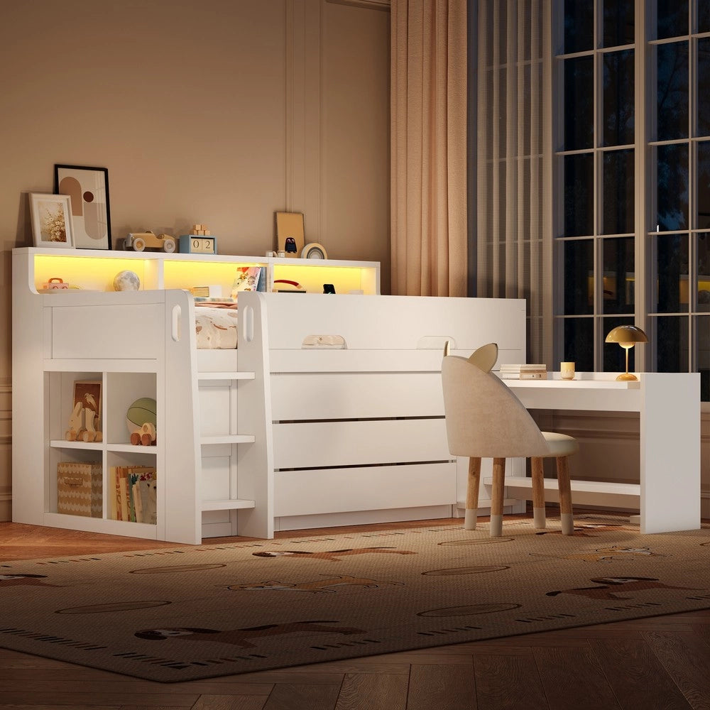 Letto a Soppalco Basso con Cassetti, Scrivania, LED e USB ¨C MINIMAL ¨C Bianco 90x200