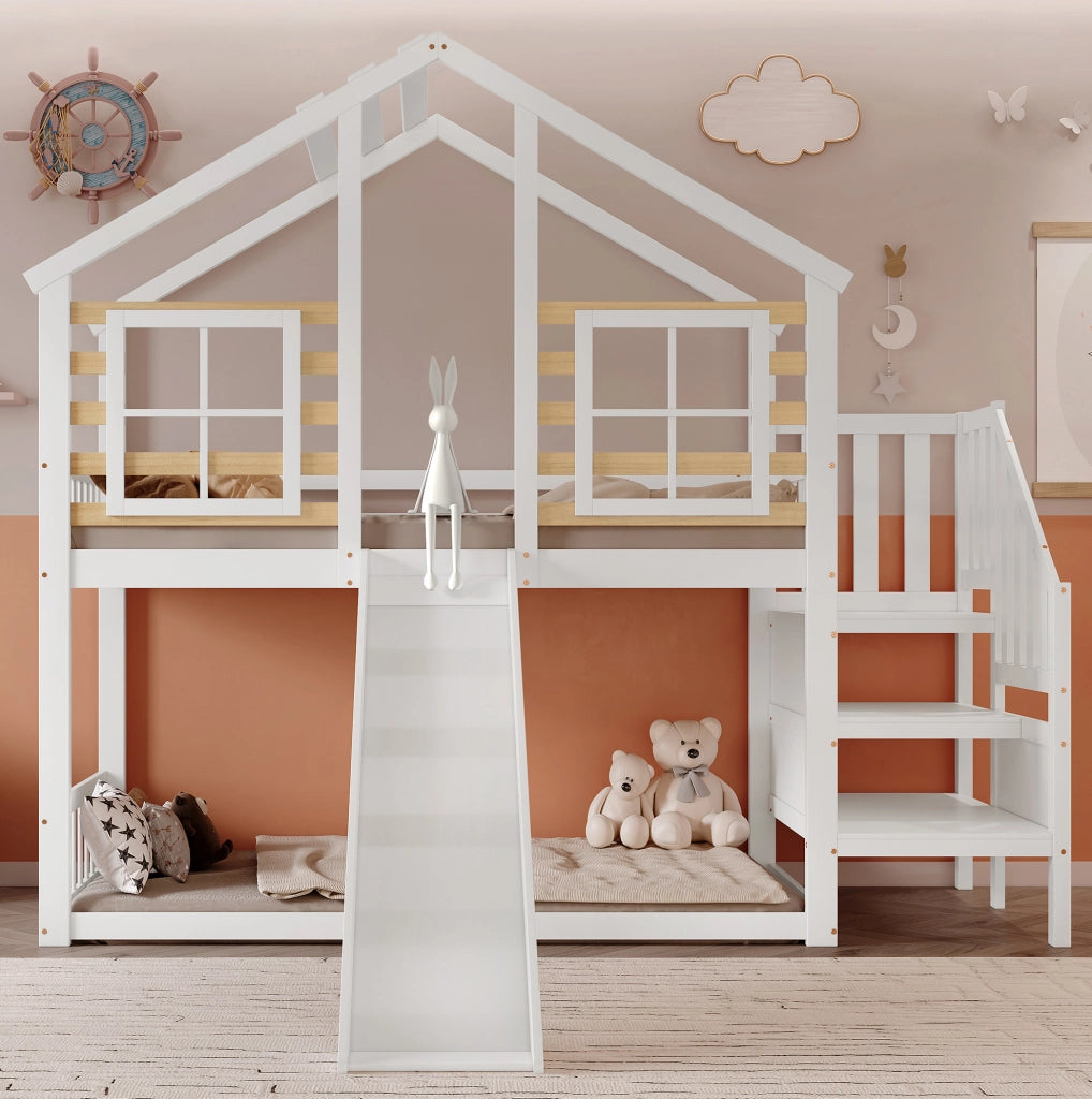 Letto a castello per bambini 90x200 cm con scivolo, bianco
