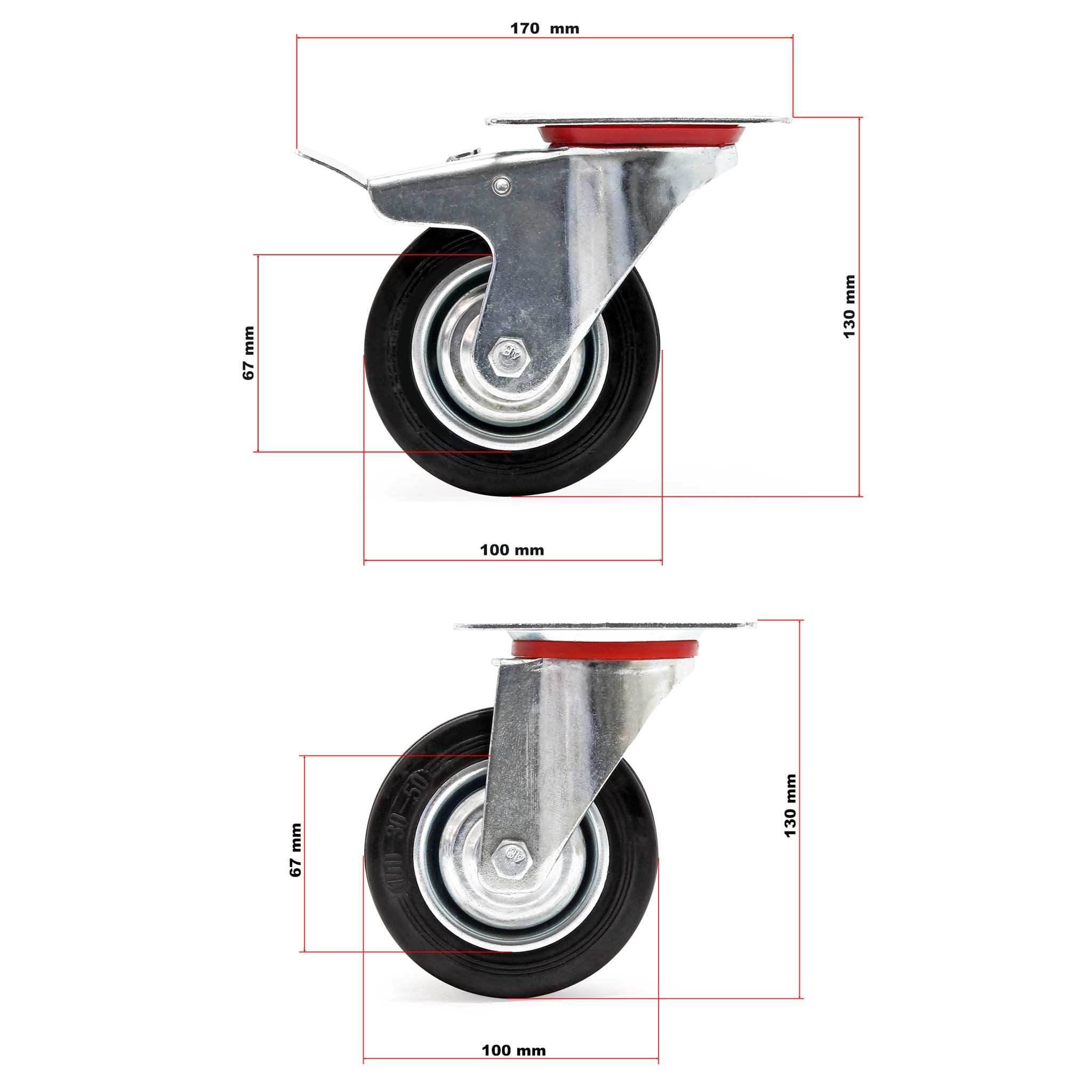 Set 4 ruote piroettanti, freno doppio blocco, Rotella 100mm max 70kg, metallo e gomma piena