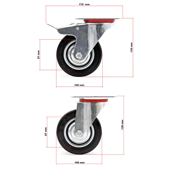 Set 4 ruote piroettanti, freno doppio blocco, Rotella 100mm max 70kg, metallo e gomma piena
