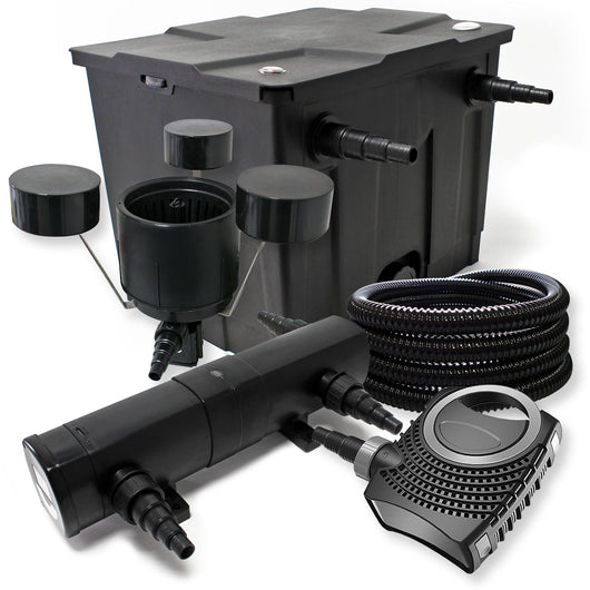 Set filtrante Filtro bio laghetto 12000l con Chiarificatore UVC 36W, Pompa 80W, Tubo 25m e Skimmer
