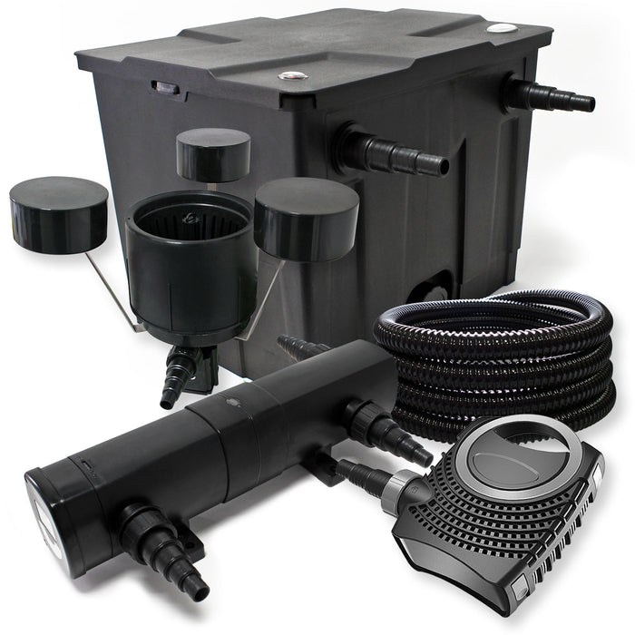 Set filtrante Filtro bio laghetto 12000l con Chiarificatore UVC 36W, Pompa 80W, Tubo 25m e Skimmer