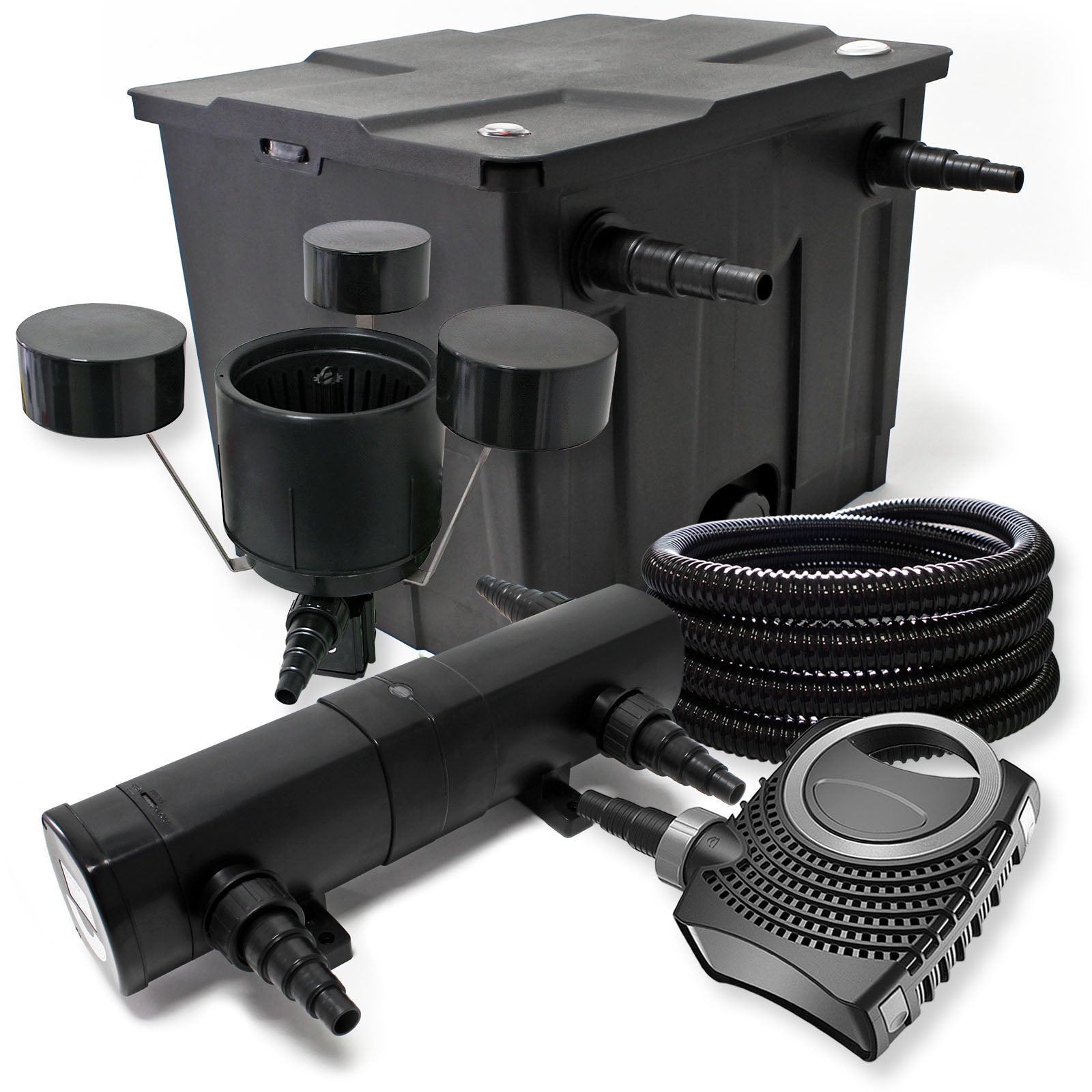 Set filtrante Filtro bio laghetto 12000l con Chiarificatore UVC 36W, Pompa 80W, Tubo 25m e Skimmer