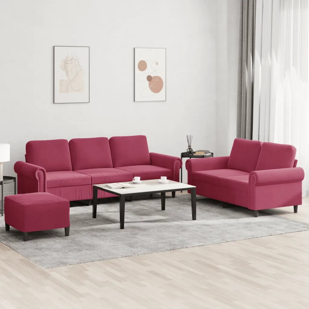 Set di Divani 3 pz con Cuscini Rosso Vino in Velluto 3202264