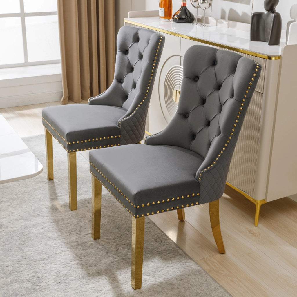 Set di 2 Sedie da Pranzo con Anello sullo Schienale e Borchie Decorative; per Cucina e Soggiorno; Velluto; Grigio