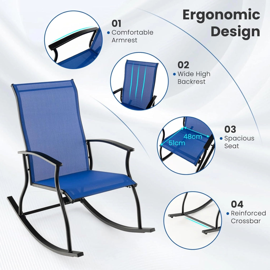 Set di 2 sedie a dondolo per giardino, sedie a dondolo da esterno, con schienale ergonomico e sedile traspirante, tessuto resistente all'usura, per terrazza, patio, piscina, colore blu