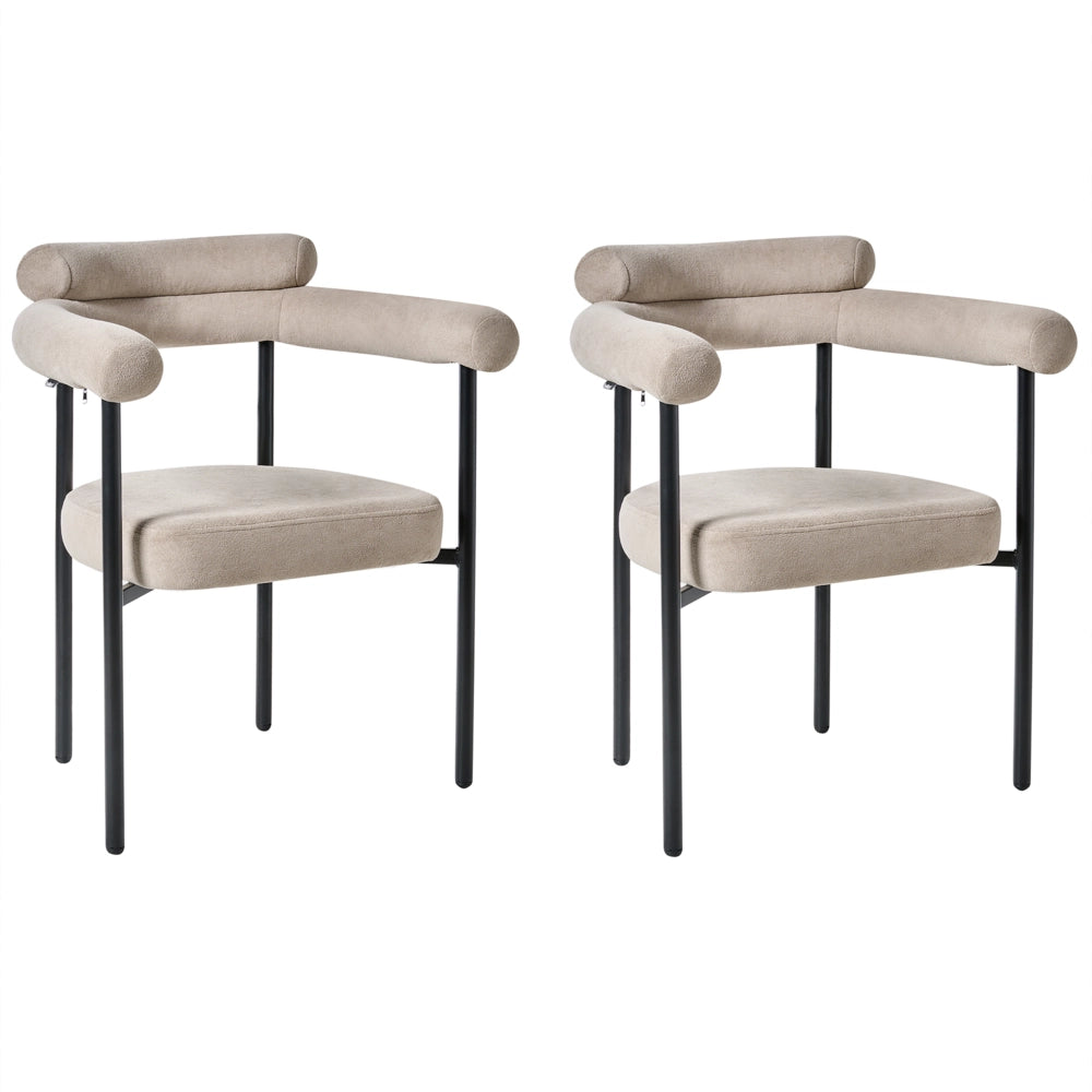 Set di 2 sedie da pranzo Beige Rivestimento in poliestere Gambe nere in ferro Schienale arrotondato Mobili da sala da pranzo in stile moderno
