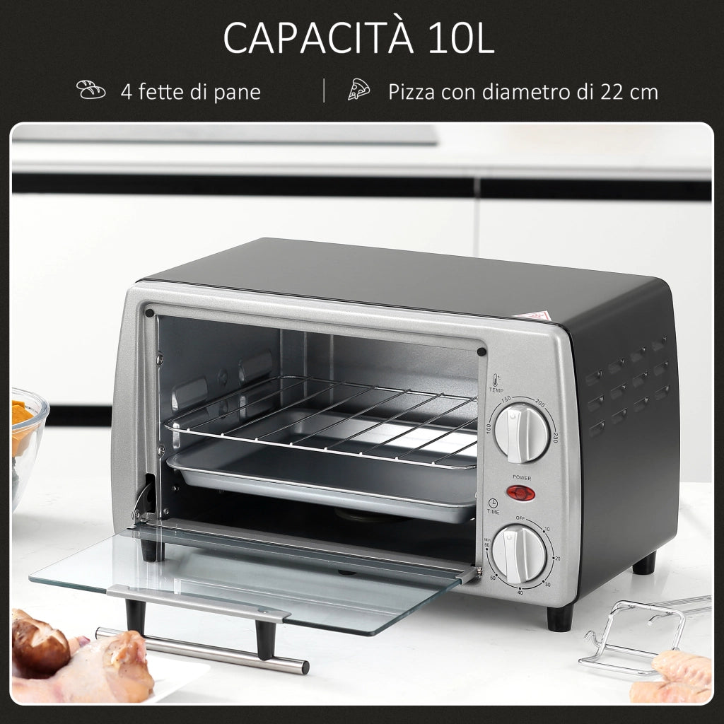 EasyComfort Fornetto Elettrico 10L Temperatura Regolabile e Timer, Griglia e Teglia Incluse, 750W, 36.5x26x22cm, Argento Nero