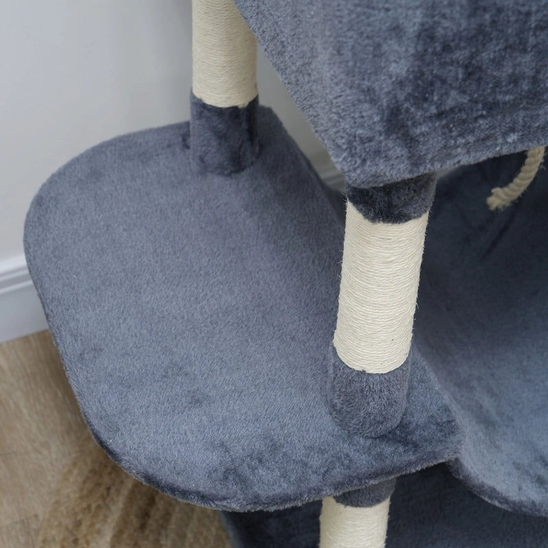 Albero tiragraffi per gatti 206 cm con 2 cucce, 2 amache, 2 palline gioco, paletti in sisal, grigio scuro