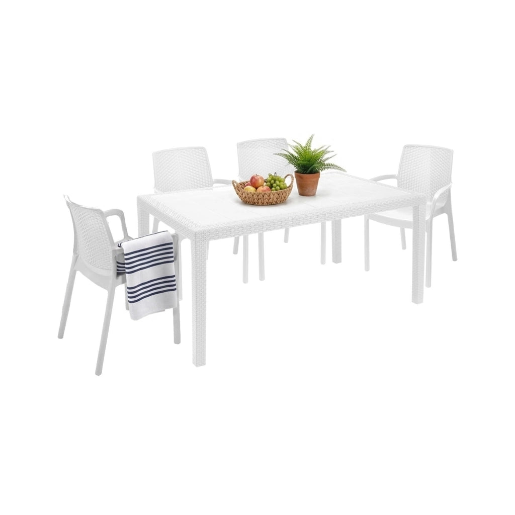 Set salotto da esterno Lograto, Salottino outdoor e indoor, Tavolo rettangolare fisso con 4 sedie impilabili, Made in Italy, Bianco
