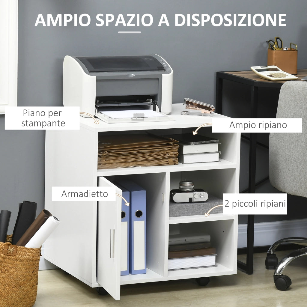 Mobiletto Porta Stampante con Ripiani Aperti e Armadietto in Legno. 60x50x65.5cm. Bianco