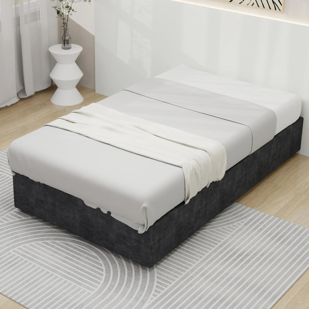 Letto Singolo 90x200 cm con Contenitore e Testiera Cartoon; in Tessuto e Metallo Grigio
