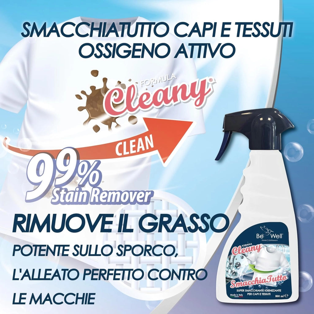 CLEANY Smacchiatutto Igienizzante Spray per Tessuti e Abbigliamento, Formula Super Smacchiante, 500ml, per Rimuovere Macchie di Grasso, Vino e Sudore