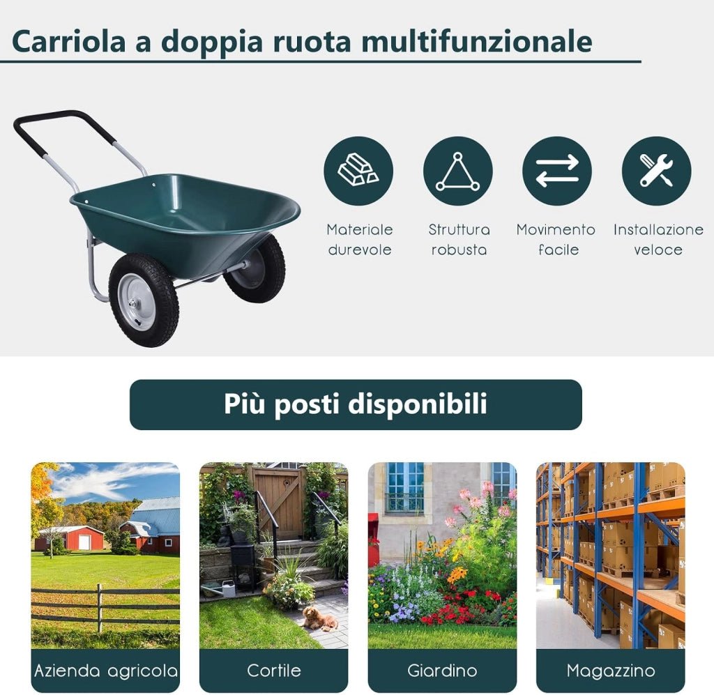 Carriola con 2 Ruote da Giardino, Carrello Resistente con Struttura in Acciaio Robusto, Ruote Pneumatiche 35,5 cm, Capacità 75L, Portata Max 100 kg (Verde)