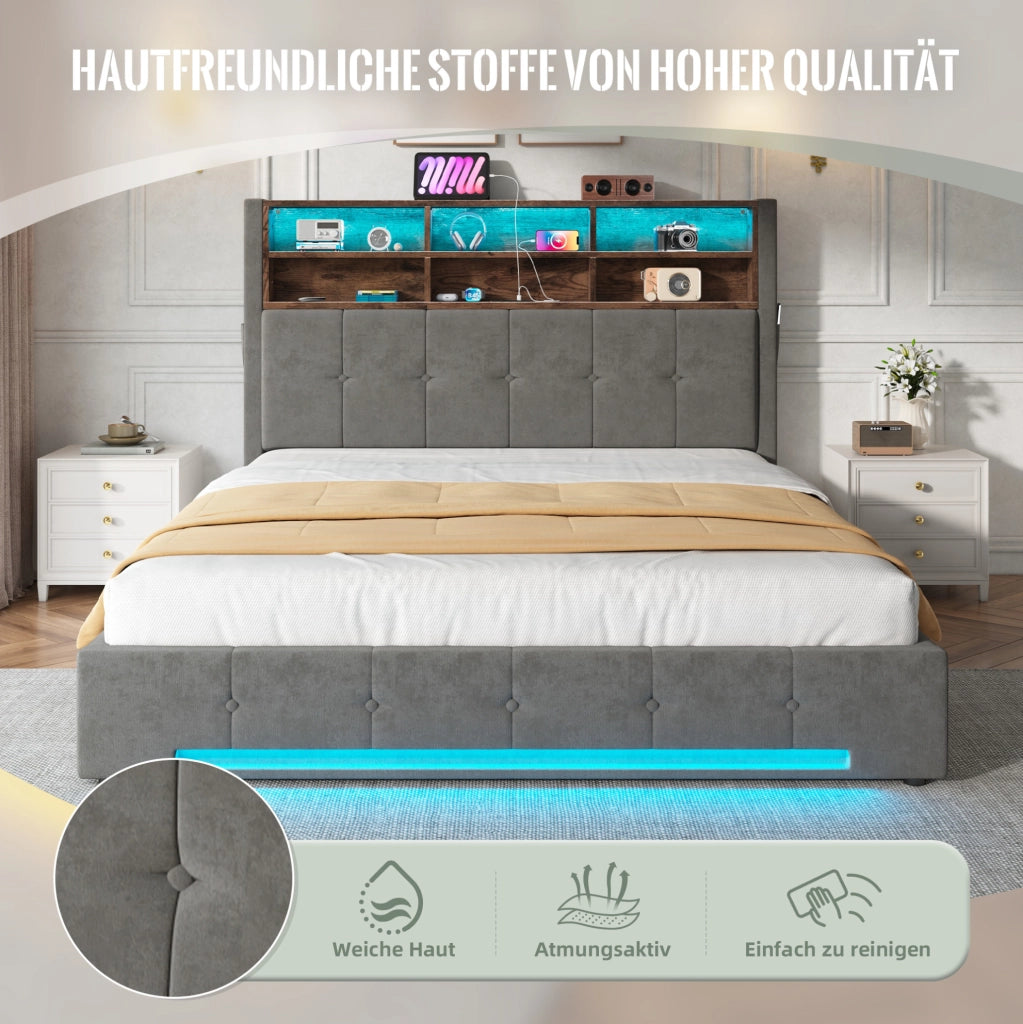 Letto contenitore 160x200 cm in velluto grigio scuro con LED e USB-C