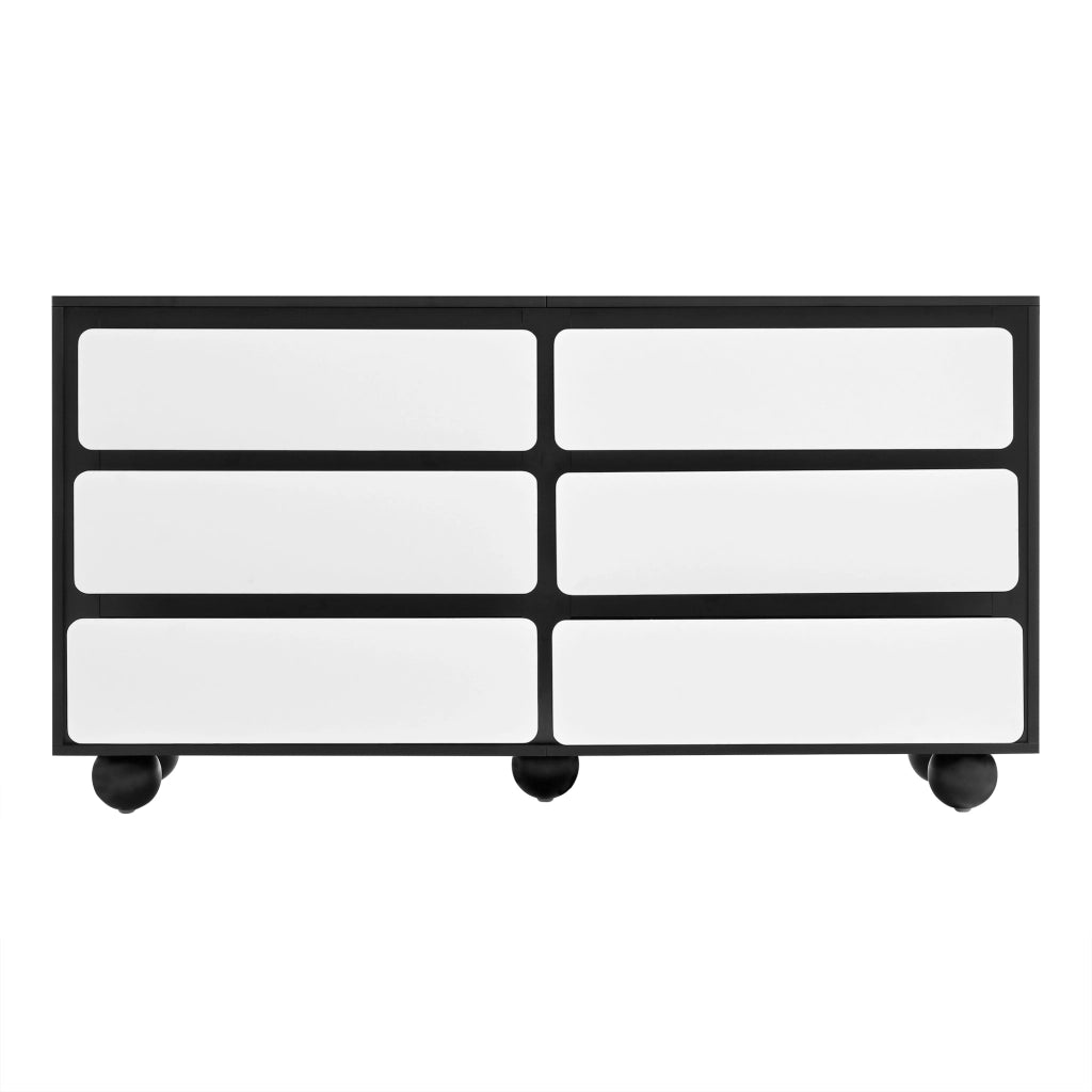 Credenza Cassettiera con 6 Cassetti; Angoli Arrotondati; Piedini in Metallo; Stile Moderno; in Pannello Truciolare; 140??38??74;5 cm; Bianco Nero
