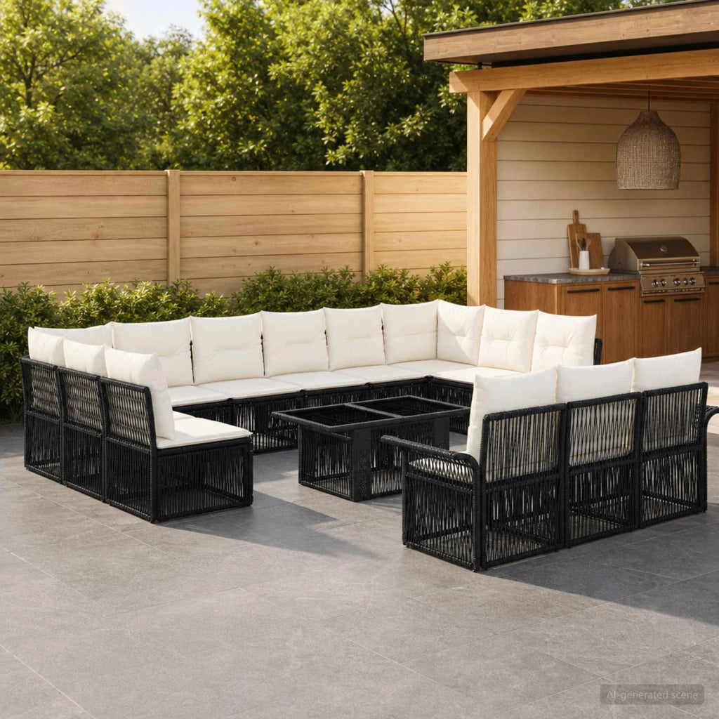Set Divano da Giardino 14 pz Nero e Bianco Crema polyrattan 3436708