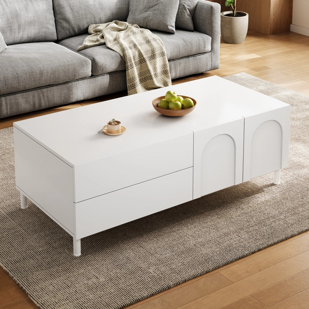 Tavolino da caffè 100x50x39.5 cm con 2 cassetti e 2 porte; contenitore chiuso; MDF e pannello truciolare; bianco