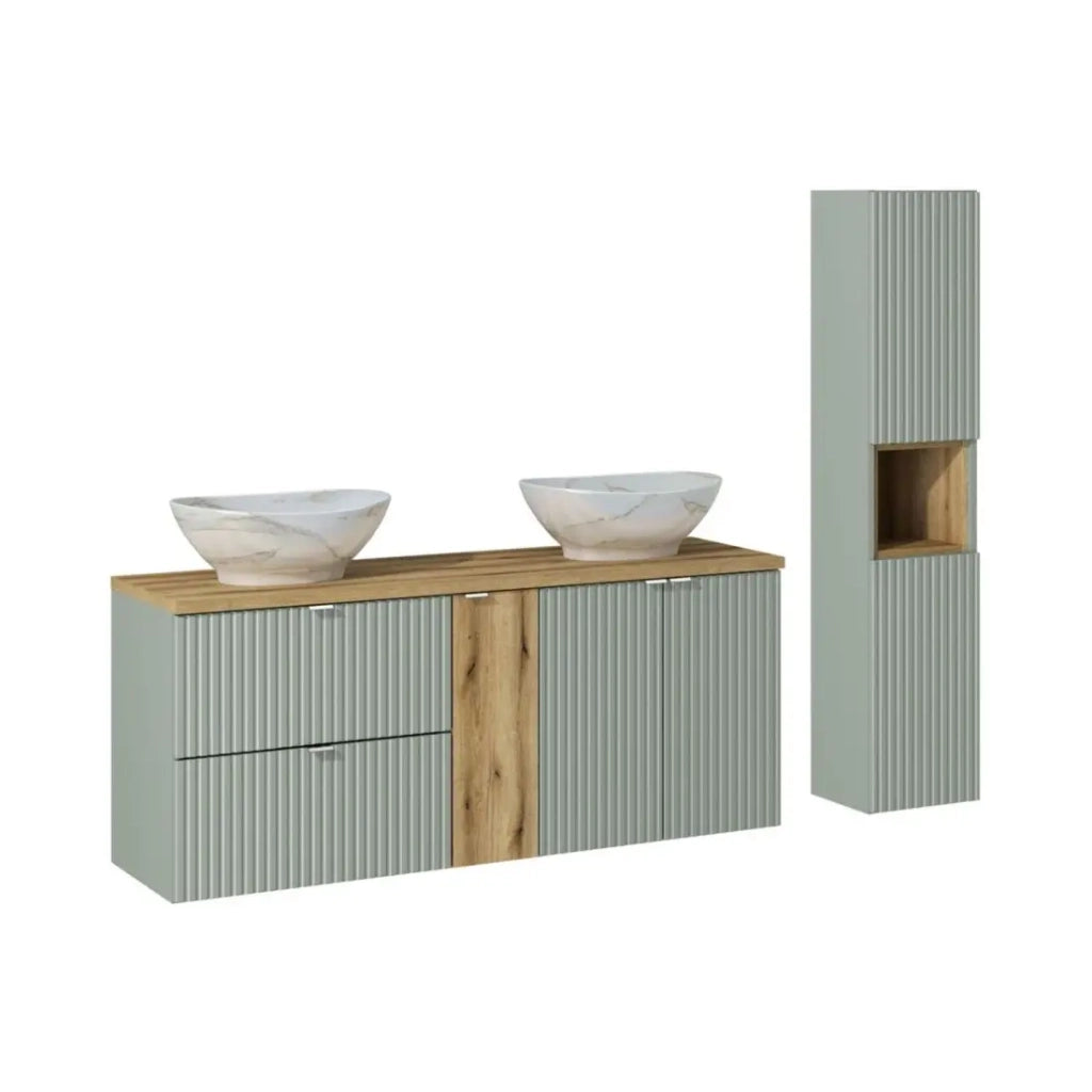 Insieme ELVINA 170cm: mobili sotto lavabo con cassetti e armadietti + piano per lavabo + due lavabi da appoggio marmorizzati + colonna