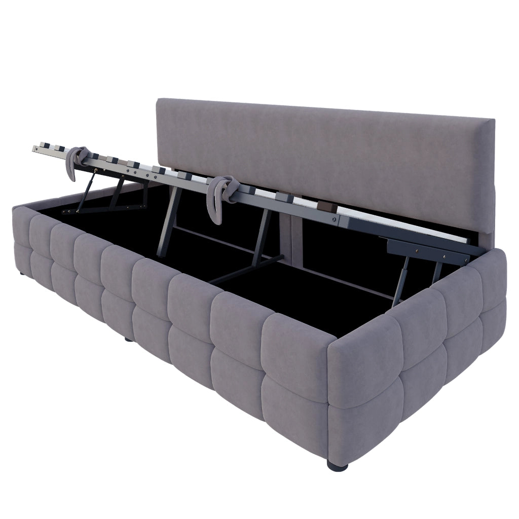 Letto imbottito 90x200 cm con contenitore idraulico, testiera senza braccioli, velluto grigio