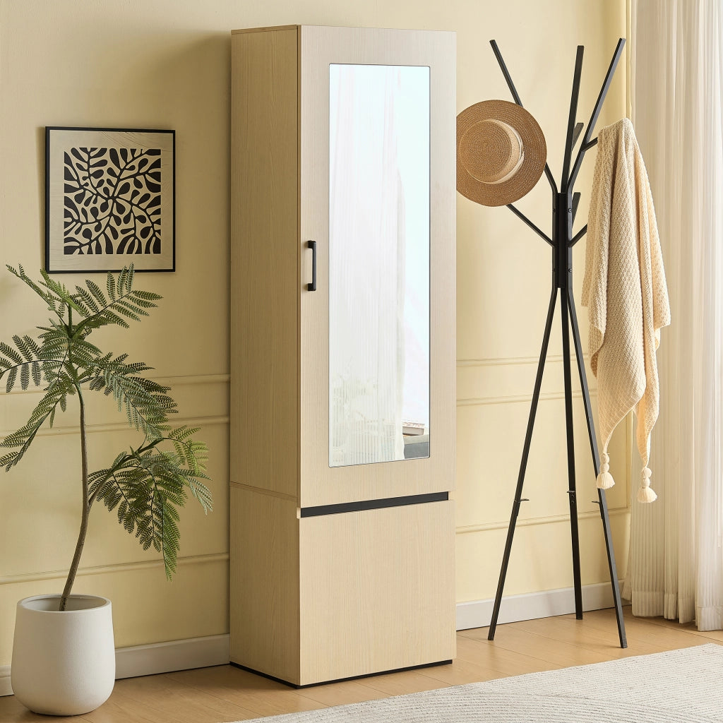 Armadio con specchio e asta appendiabiti estraibile per ingresso e camera; in MDF; legno; 54 × 34;5 × 179;5 cm