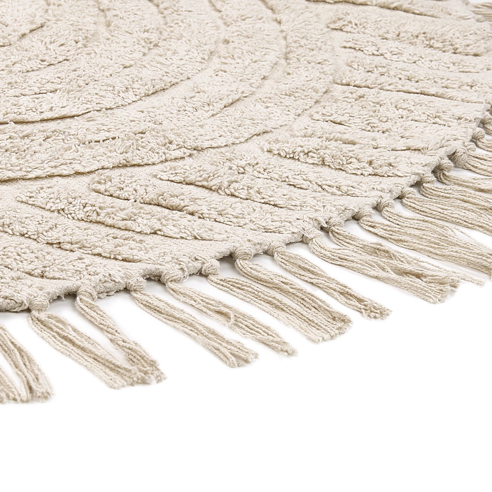 Tappeto rotondo in cotone beige ⌀ 140 cm trapuntato con motivo a frange boho soggiorno camera da letto