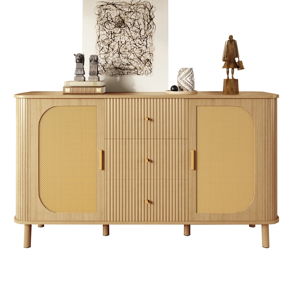OKWISH Madia con 2 Ante e Cassetti, Frontali in Rattan e Passacavi, per Soggiorno, MDF, Naturale, 140×40×80 cm