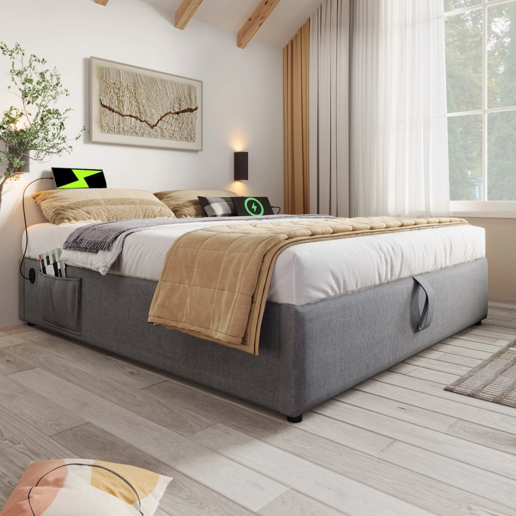 Letto contenitore 160x200 cm con USB e Type-C; senza testiera; in cotone lino; grigio