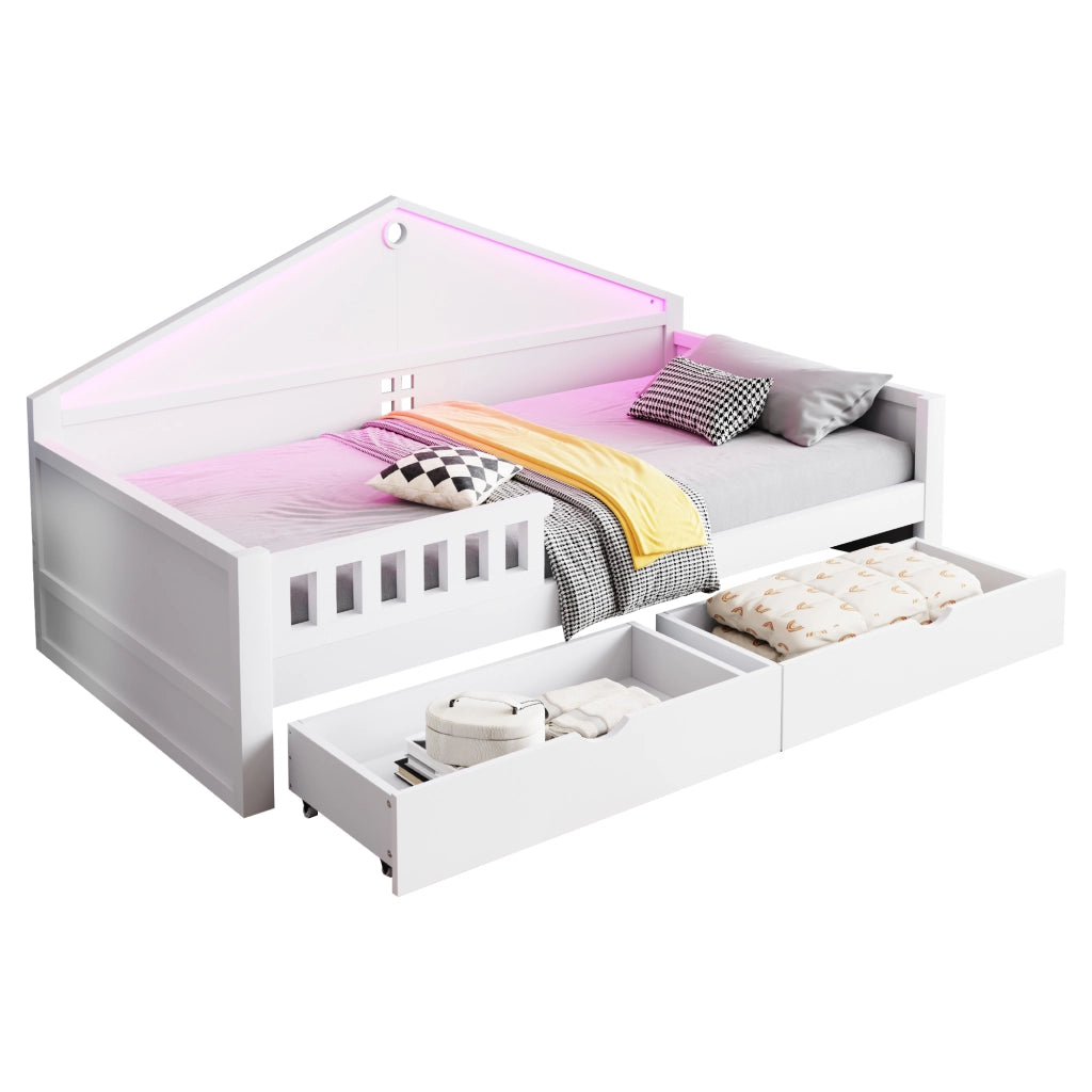 Letto 90x200 cm con luci LED e cassetti; bianco