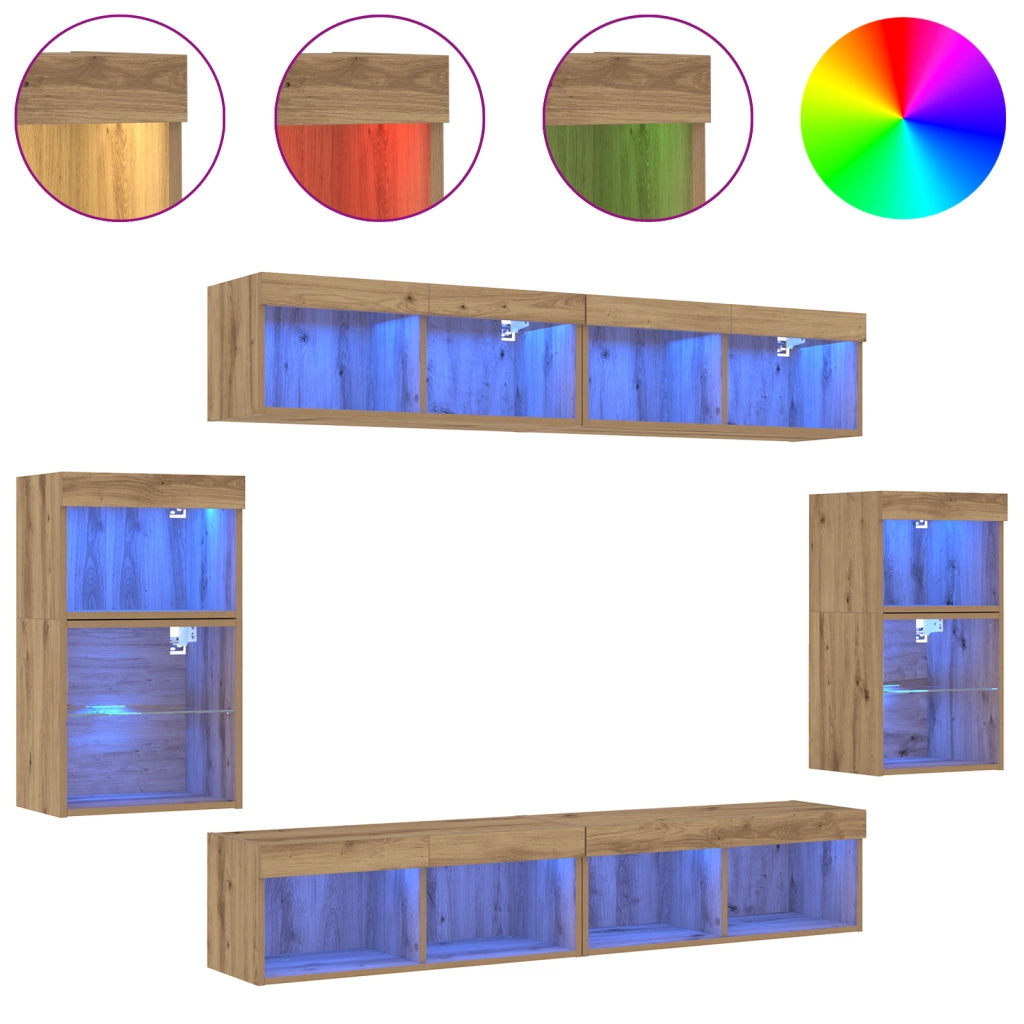 UnitÃ  TV da 8 pezzi con luci LED in legno ingegnerizzato e finitura in rovere artigianale
