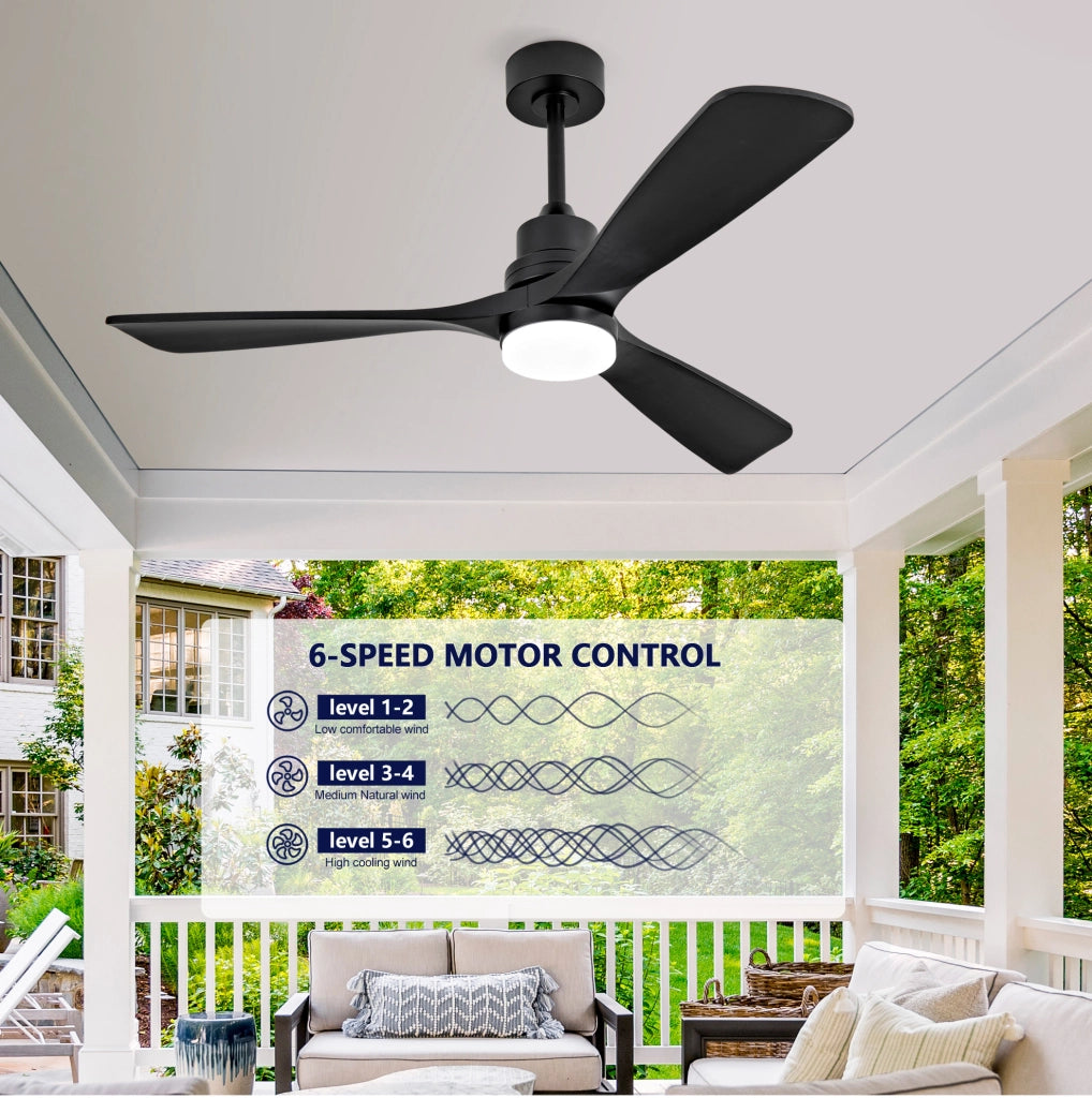 Ventilatore da soffitto 52 pollici in legno massiccio nero con luce LED; telecomando