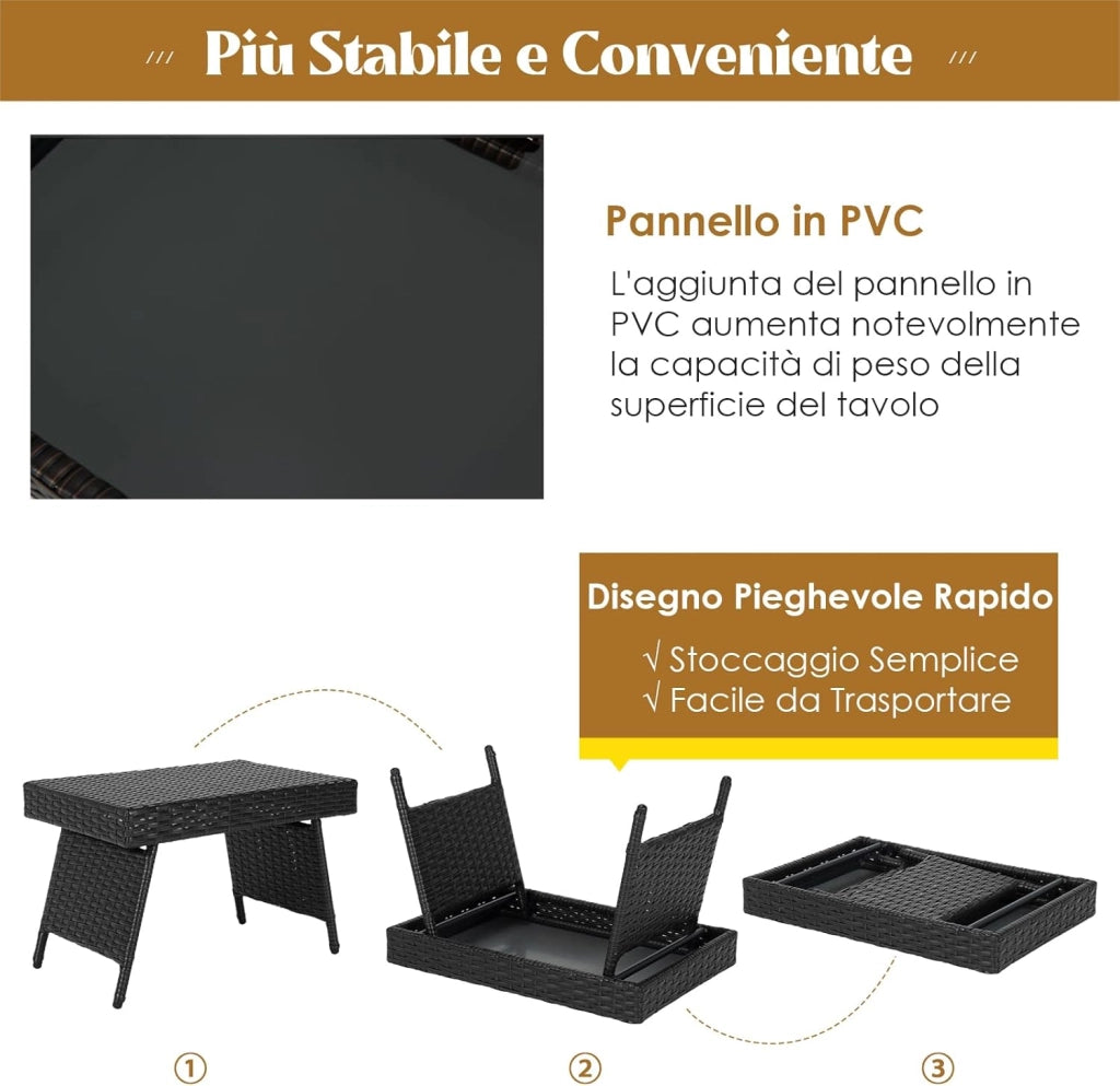 Tavolino da Caffè Rettangolare in Vimini Pieghevole, con Struttura in Acciaio Resistente e Cuscinetti Antiscivolo, Utilizzabile da Interno e Esterno (Nero)
